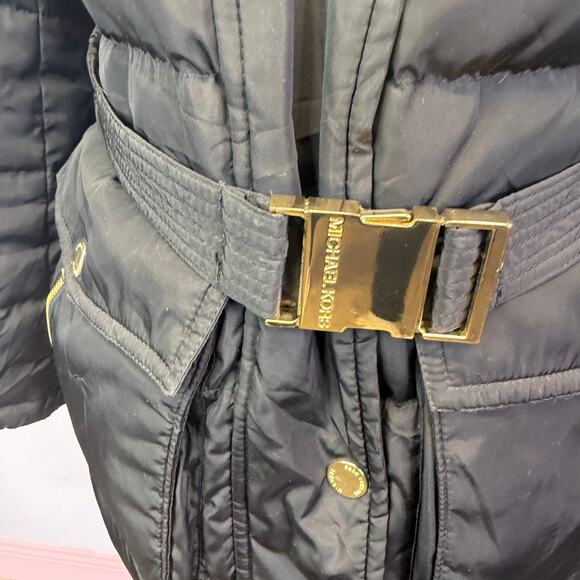 Michael Kors Hooded  Fur-Trim Button Front Belted Down Puffer Coat Size: medium - Picture 2 of 8